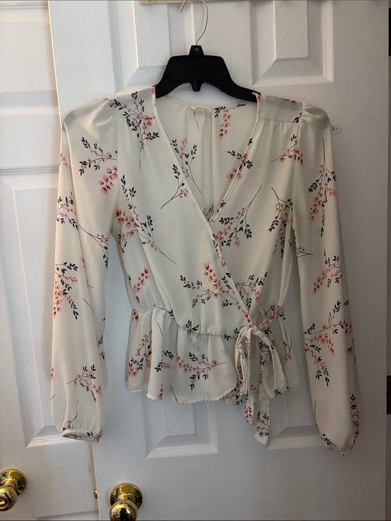 Tops - Cream Floral Wrap Peplum Blouse with Pink Accents